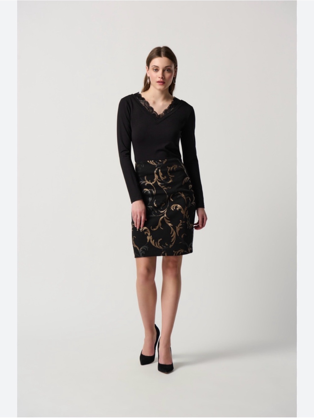 NEW Joseph Ribkoff pull on Black Baroque Jacquard Pencil Skirt -bronze/black ptn